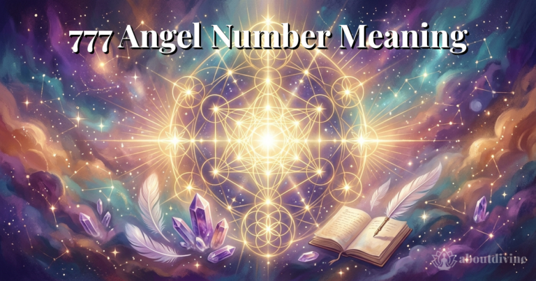 777 angel number meaning spiritual awakening with glowing divine numbers and crystals